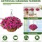 Artificial Hanging Flower Basket – Faux Petunias & Morning Glory for Outdoor Decor (Purple Red)